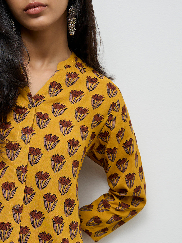Utsa Mustard Floral Printed A-Line Kurta