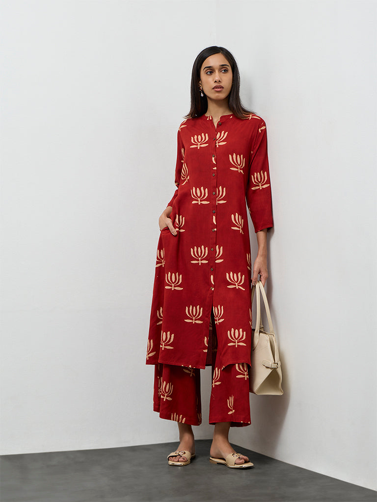 Utsa Red Printed A-Line Kurta
