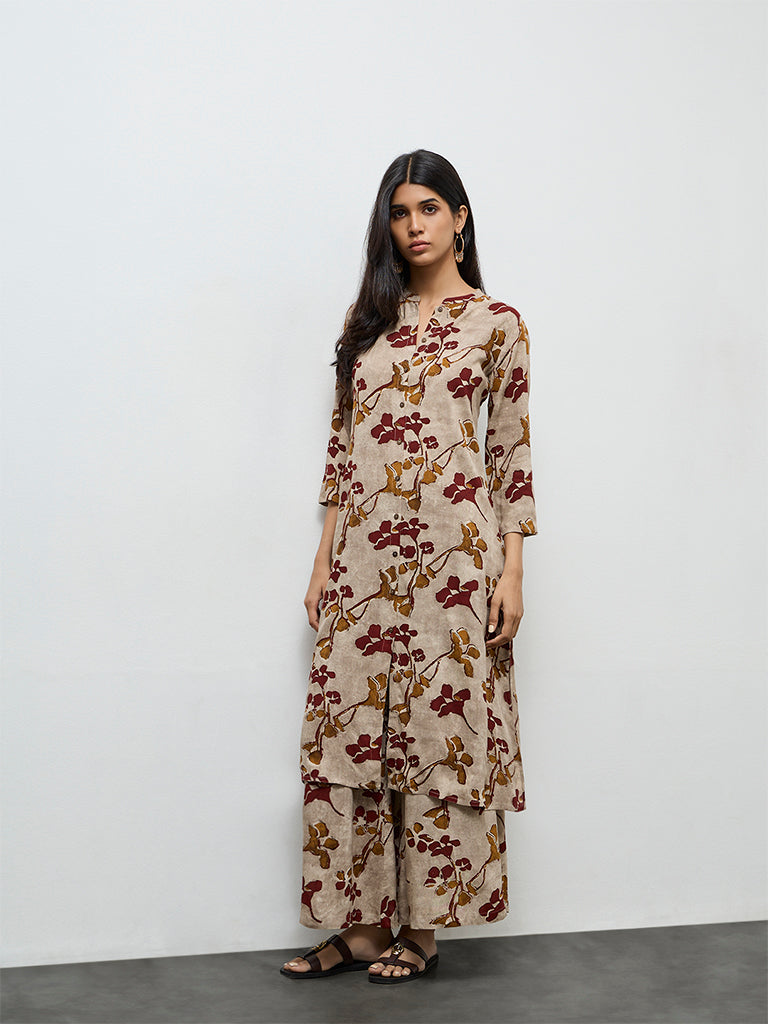 Utsa Light Taupe Floral Printed A-Line Kurta