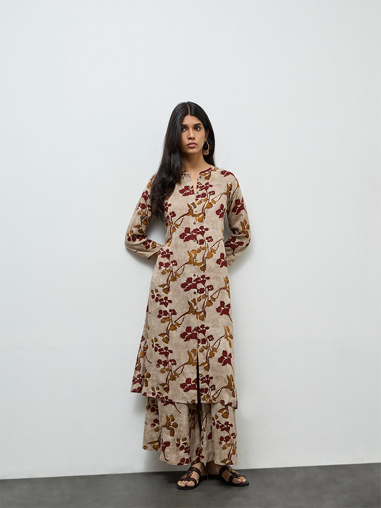 Utsa Light Taupe Floral Printed A-Line Kurta