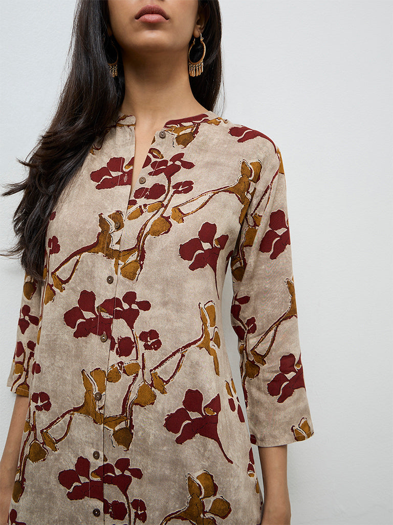 Utsa Light Taupe Floral Printed A-Line Kurta