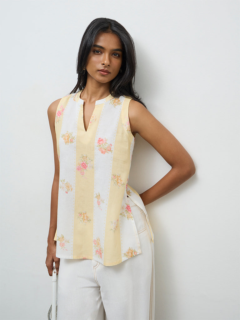 Utsa Light Yellow Floral Printed Cotton-Blend Tunic