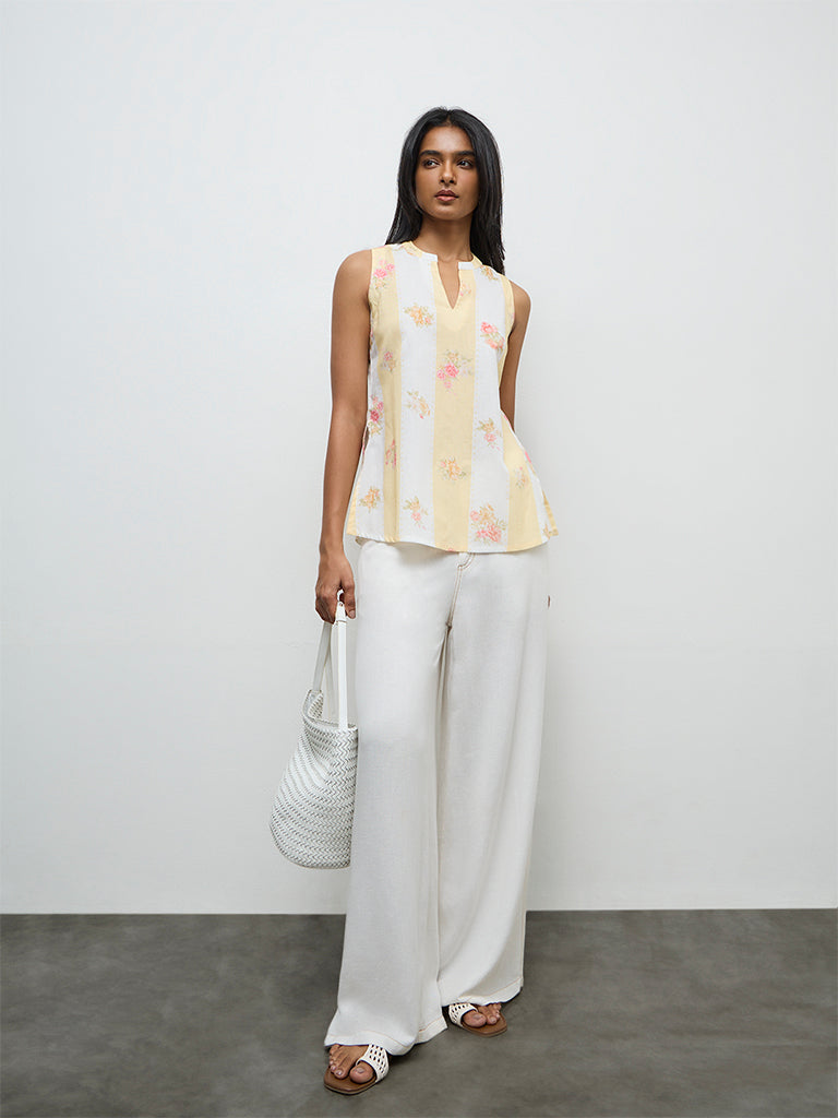 Utsa Light Yellow Floral Printed Cotton-Blend Tunic