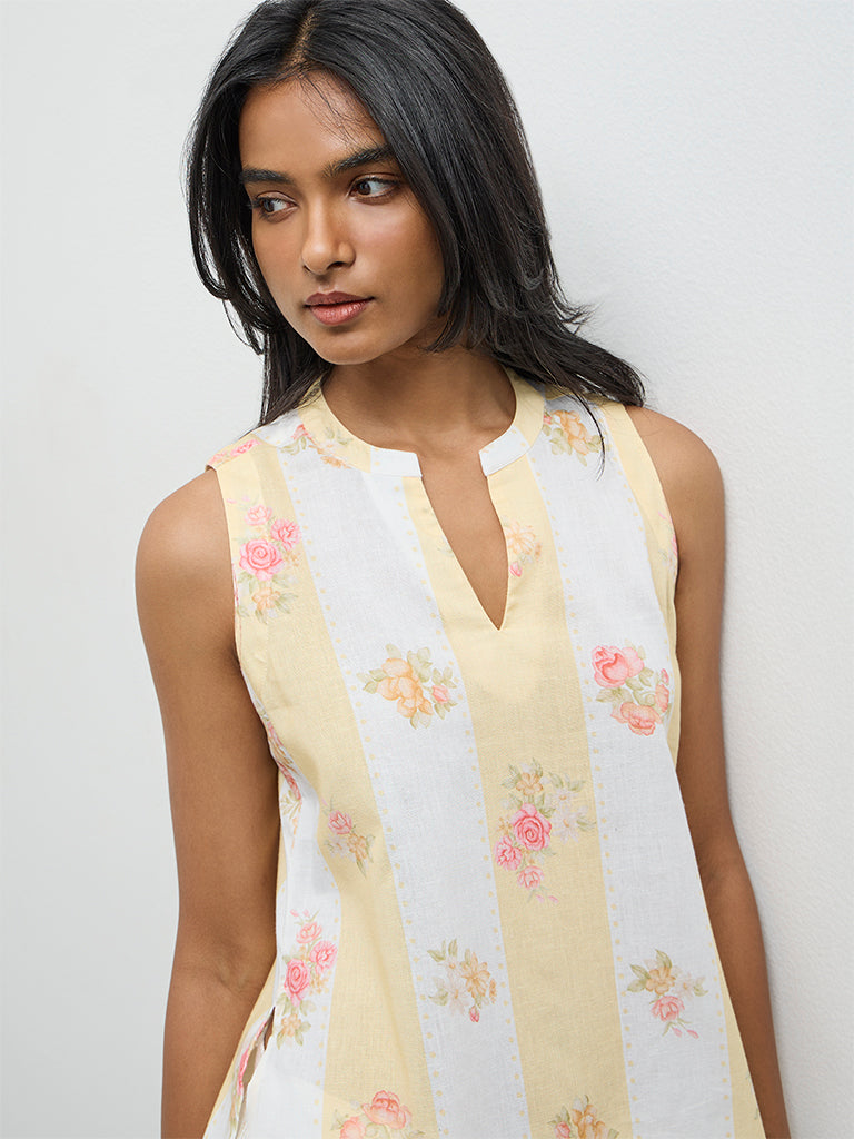 Utsa Light Yellow Floral Printed Cotton-Blend Tunic