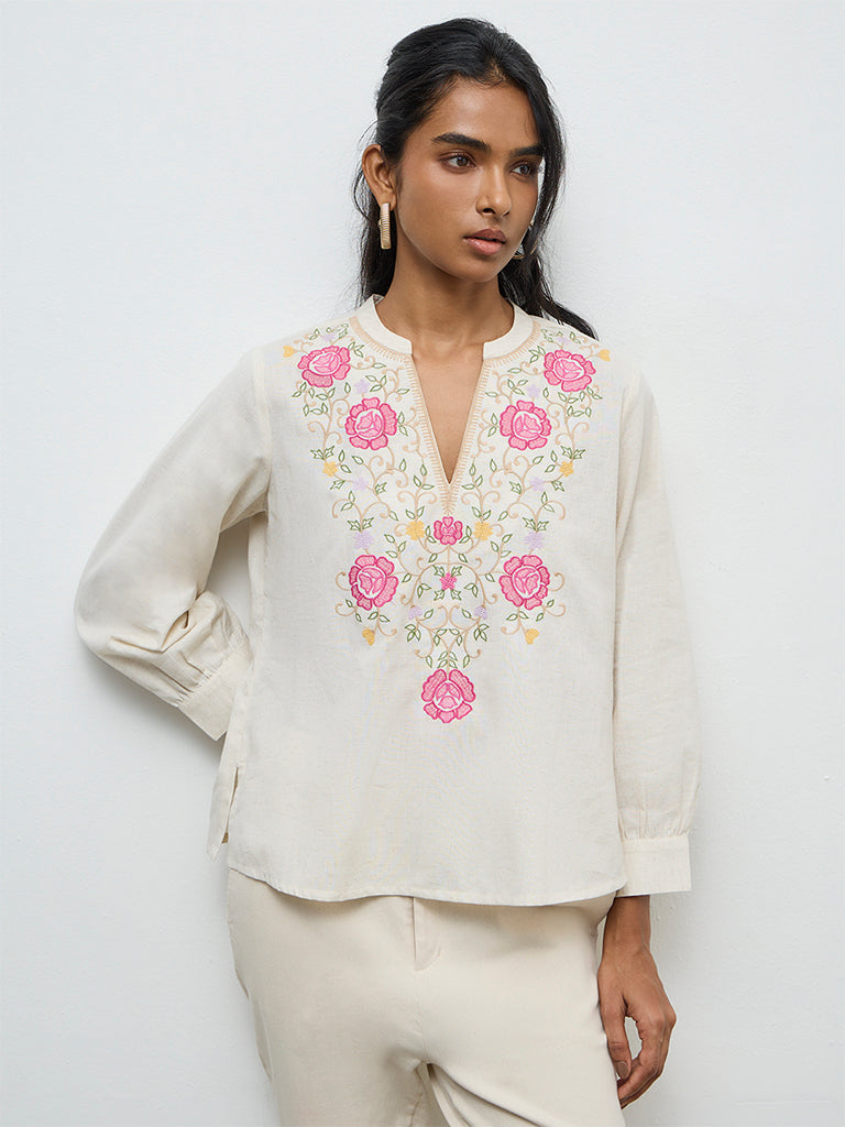 Utsa Off-White Embroidered Cotton Tunic