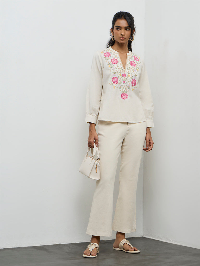Utsa Off-White Embroidered Cotton Tunic