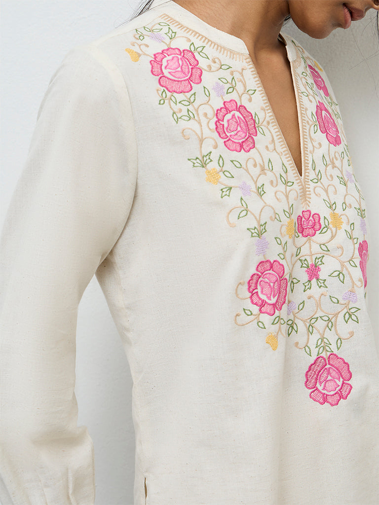 Utsa Off-White Embroidered Cotton Tunic