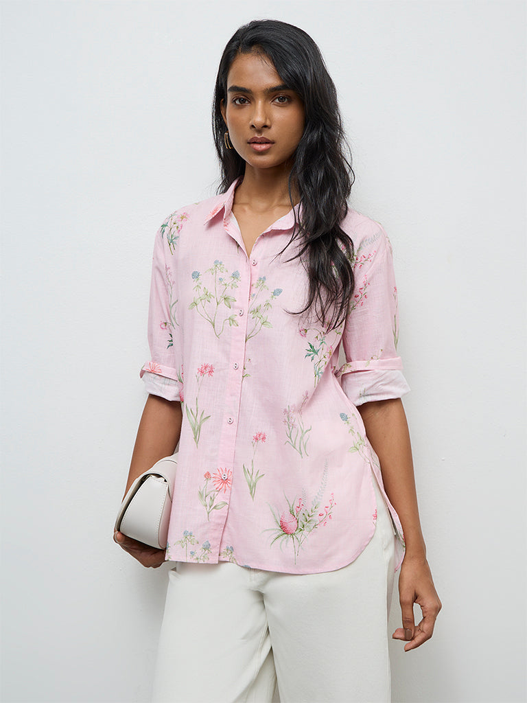 Utsa Light Pink Foliage Printed Cotton Tunic