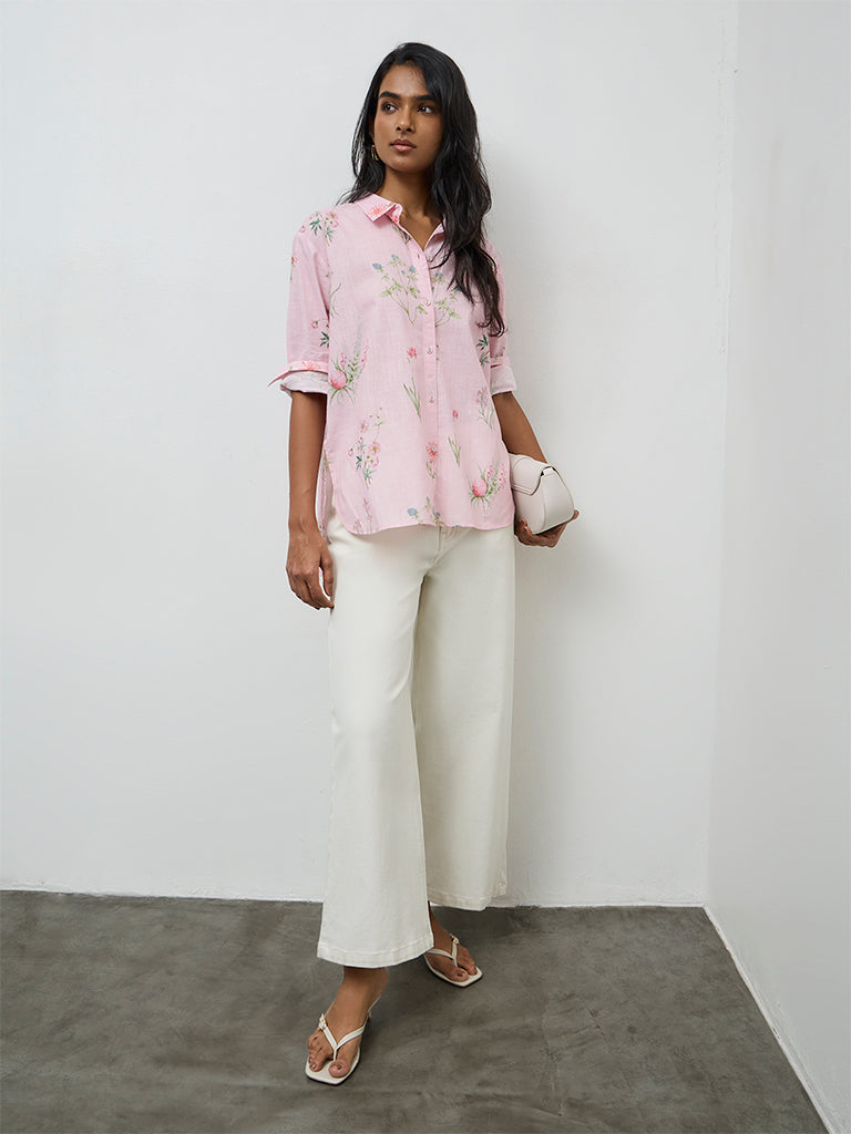 Utsa Light Pink Foliage Printed Cotton Tunic