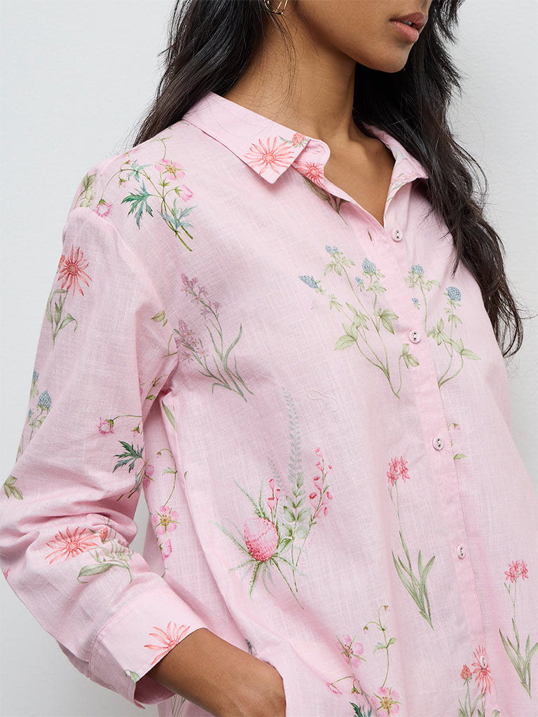 Utsa Light Pink Foliage Printed Cotton Tunic