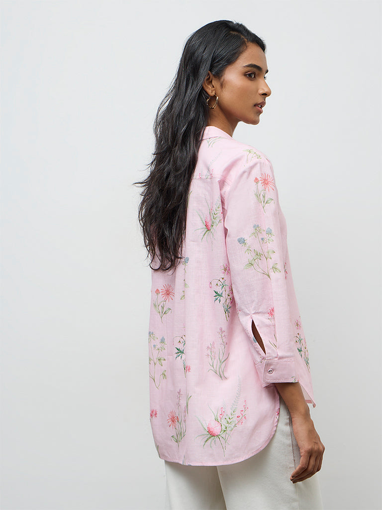 Utsa Light Pink Foliage Printed Cotton Tunic