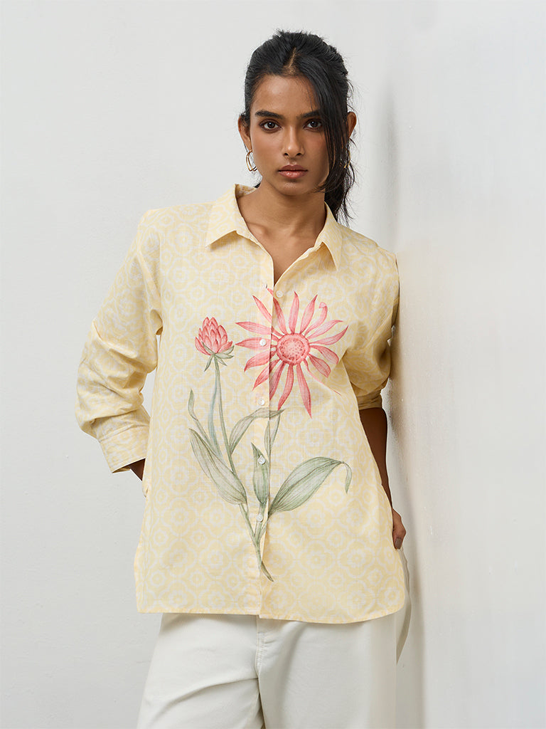 Utsa Yellow Floral Pattern Cotton Tunic