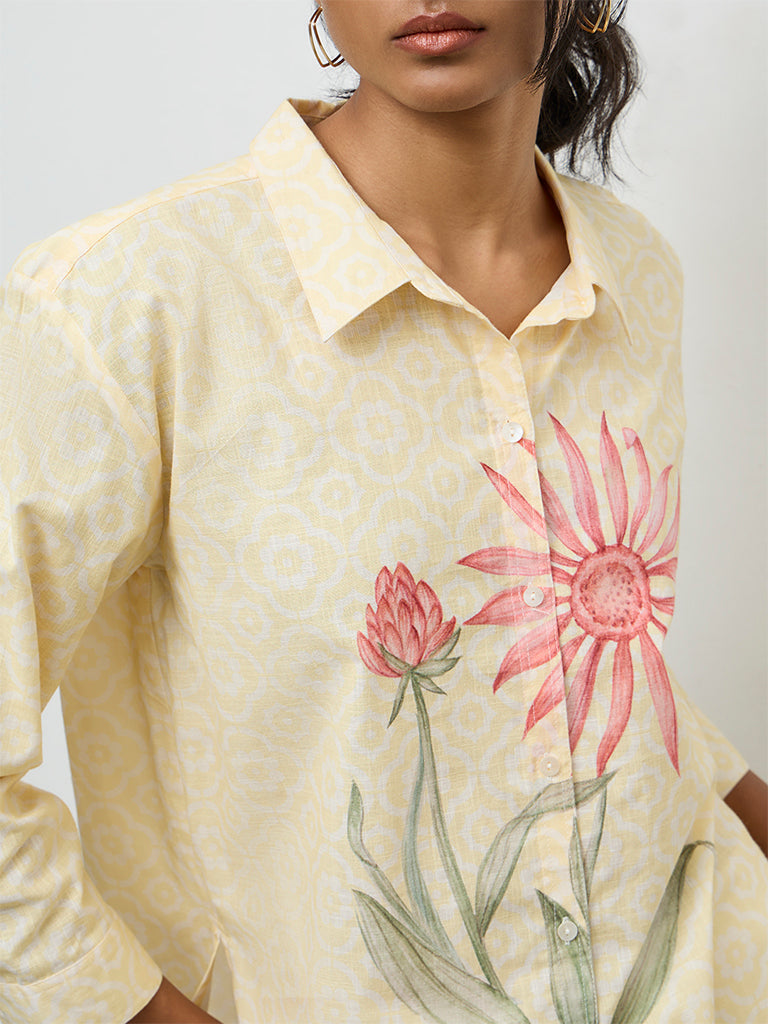 Utsa Yellow Floral Pattern Cotton Tunic