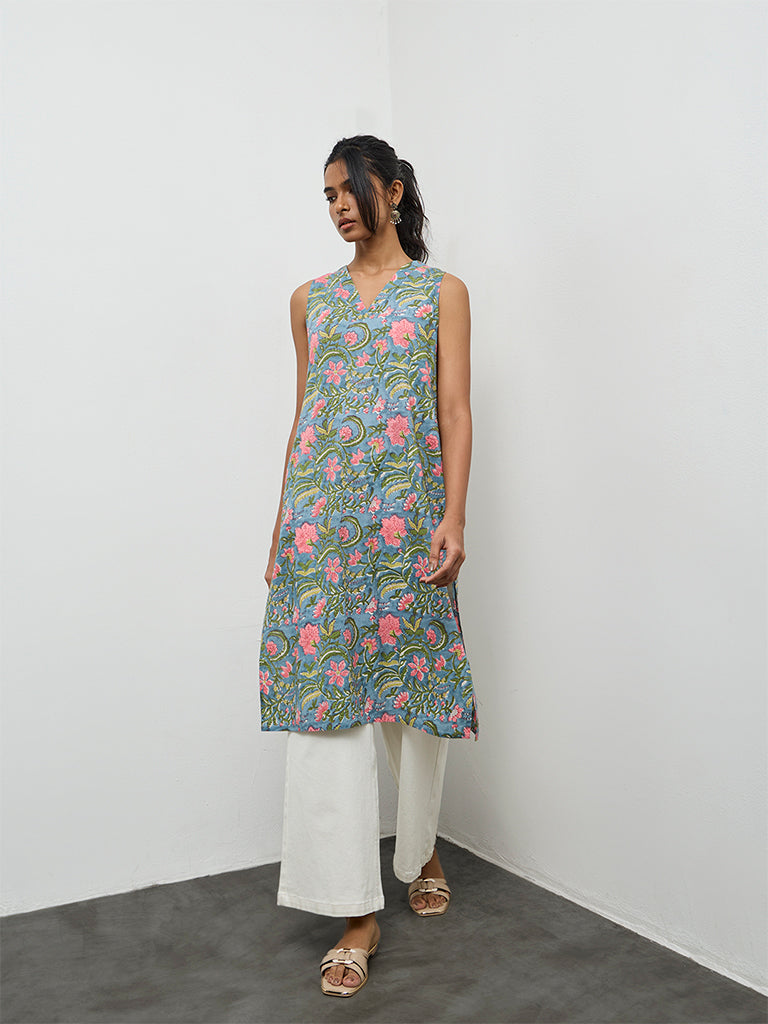 Utsa Blue Floral Printed Cotton A-Line Kurta