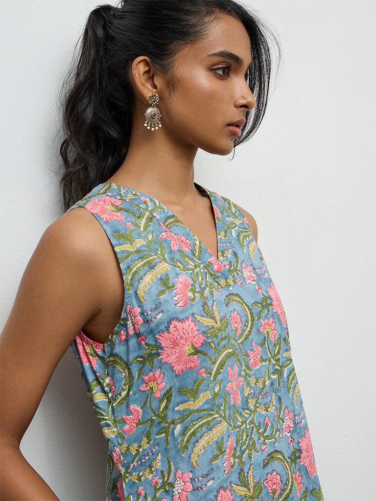 Utsa Blue Floral Printed Cotton A-Line Kurta