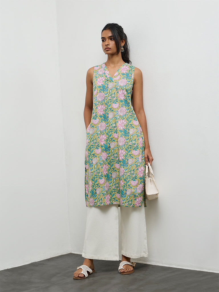 Utsa Lime Foliage Printed Cotton A-Line Kurta