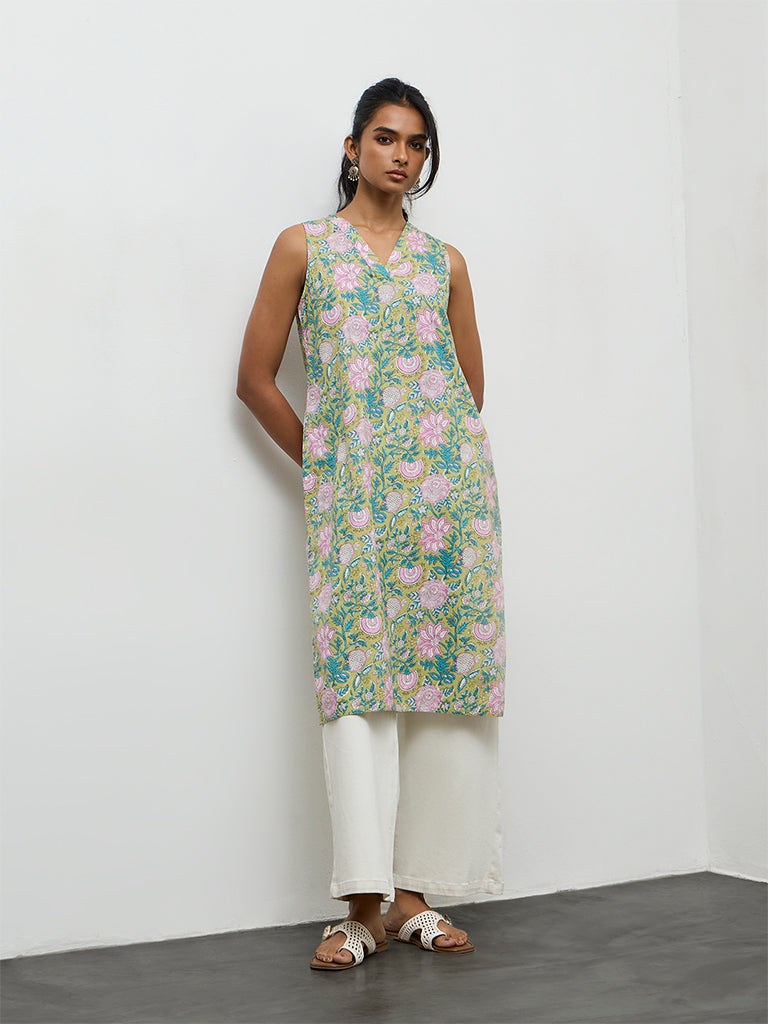 Utsa Lime Foliage Printed Cotton A-Line Kurta