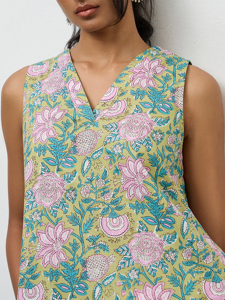 Utsa Lime Foliage Printed Cotton A-Line Kurta