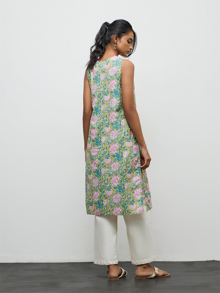 Utsa Lime Foliage Printed Cotton A-Line Kurta
