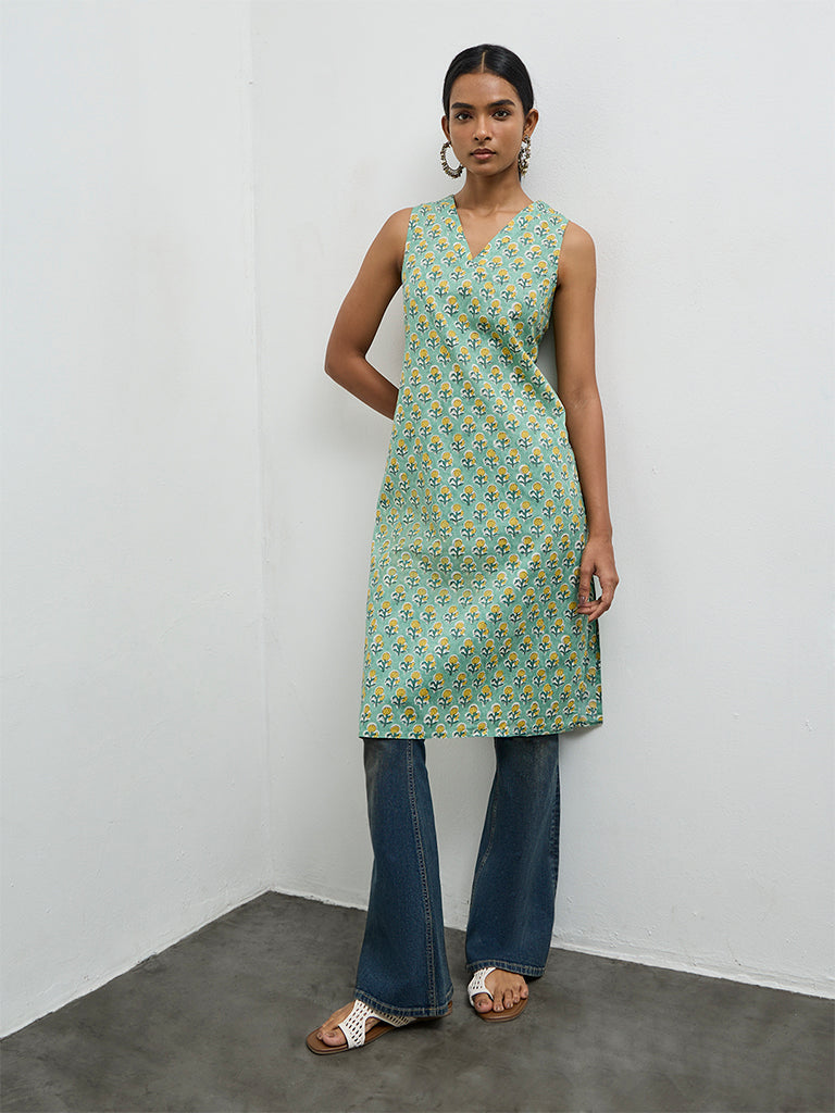 Utsa Mint Floral Printed Cotton Straight Kurta