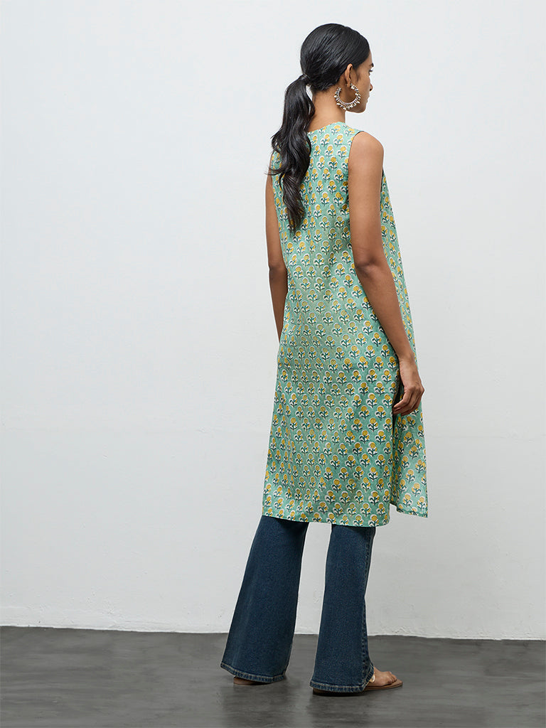 Utsa Mint Floral Printed Cotton Straight Kurta