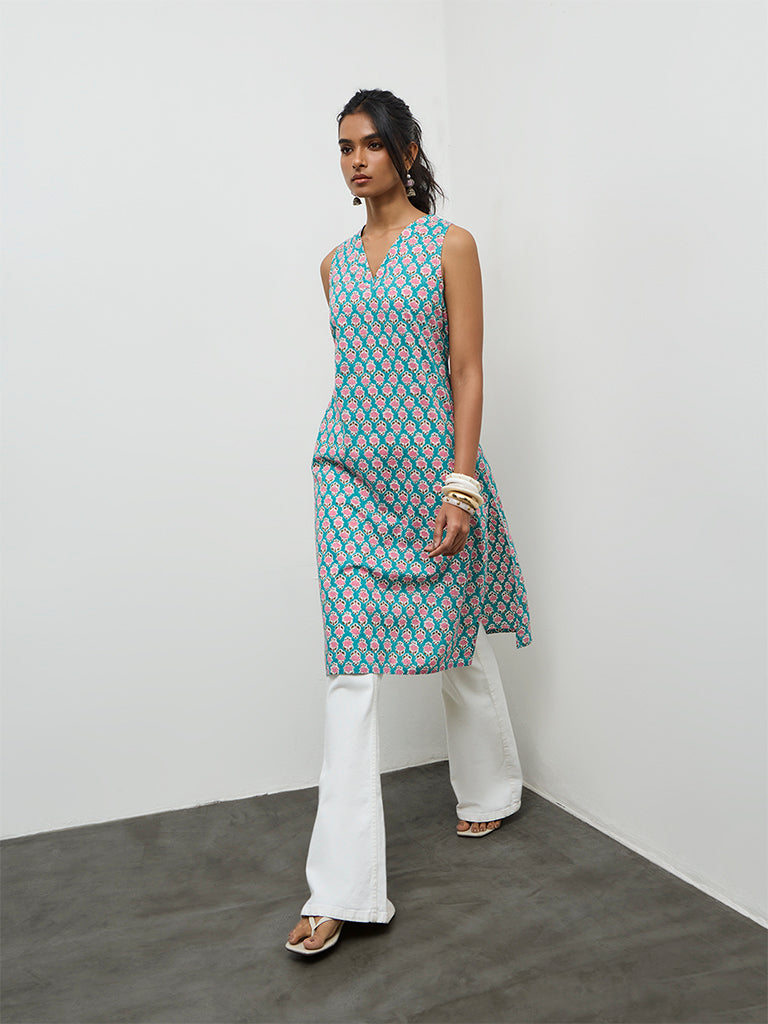 Utsa Blue Floral Pattern Cotton A-Line Kurta