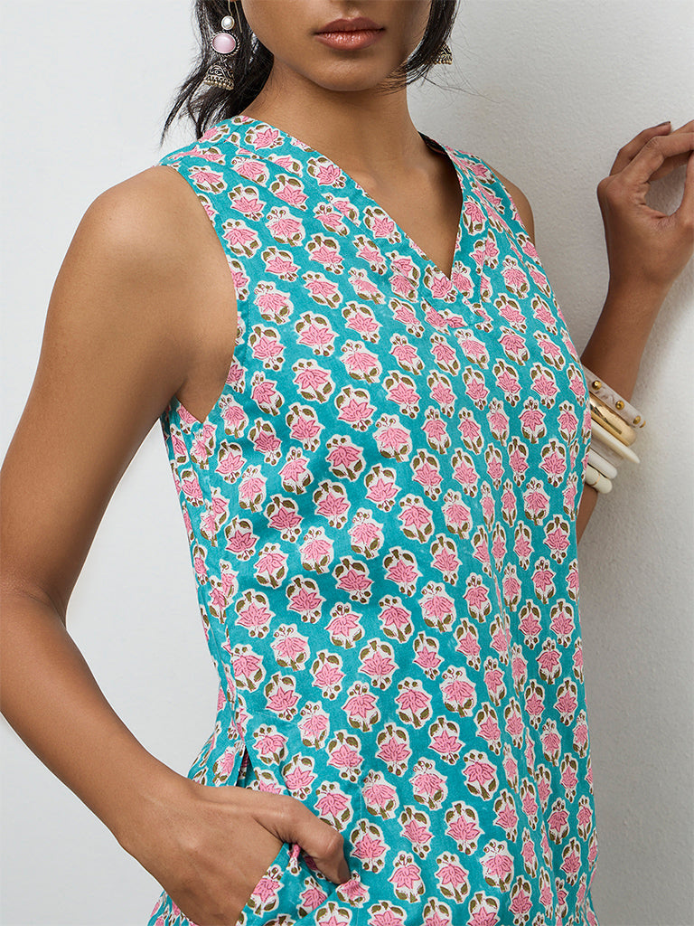 Utsa Blue Floral Pattern Cotton A-Line Kurta