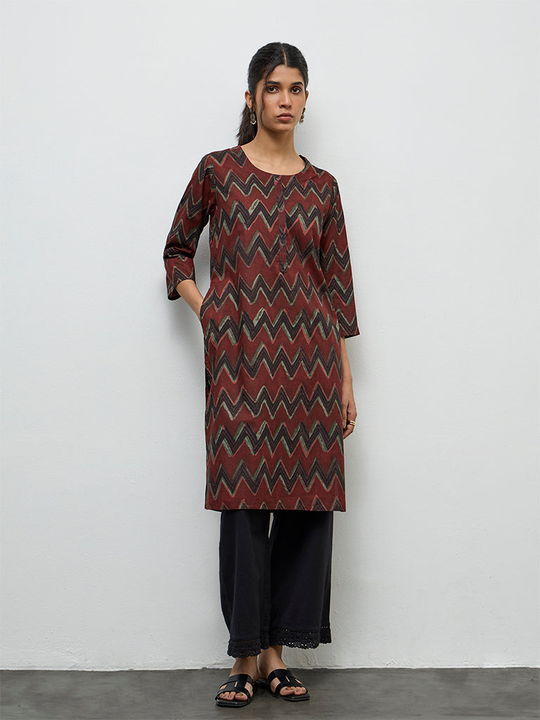 Utsa Maroon Chevron Printed Cotton Straight Kurta