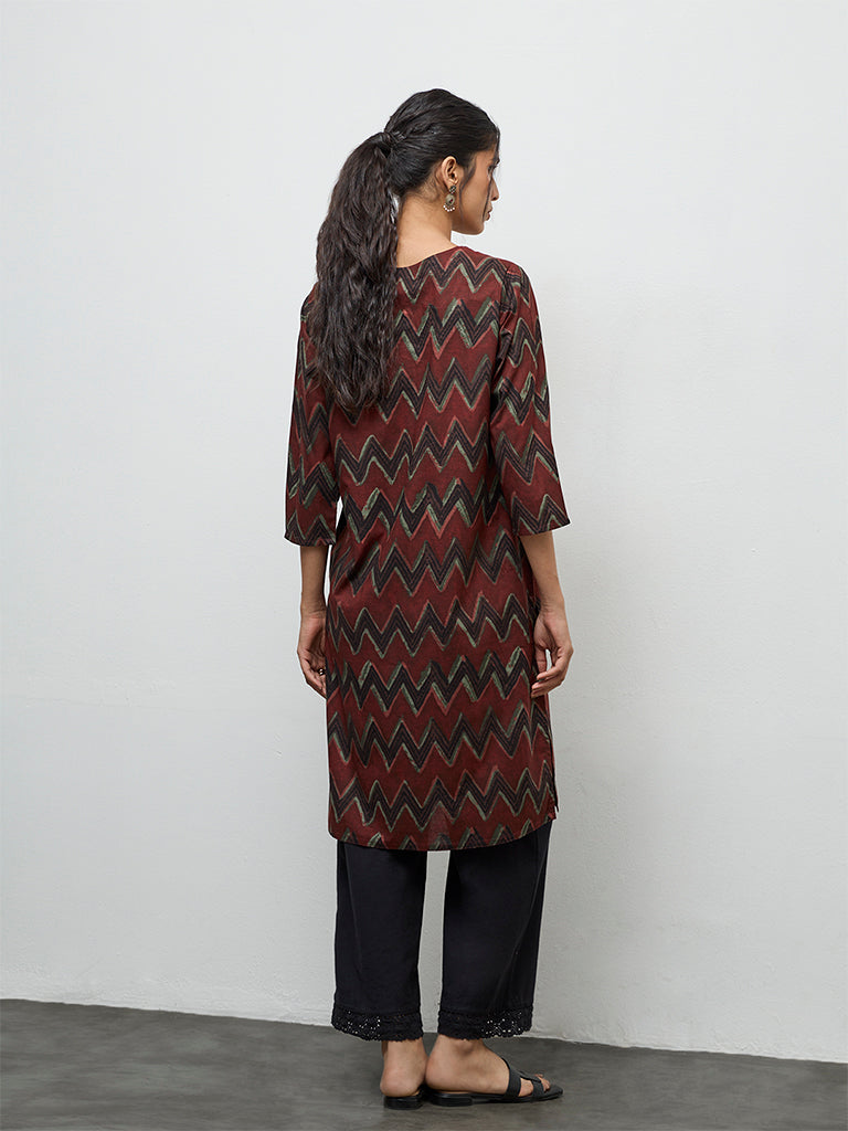 Utsa Maroon Chevron Printed Cotton Straight Kurta