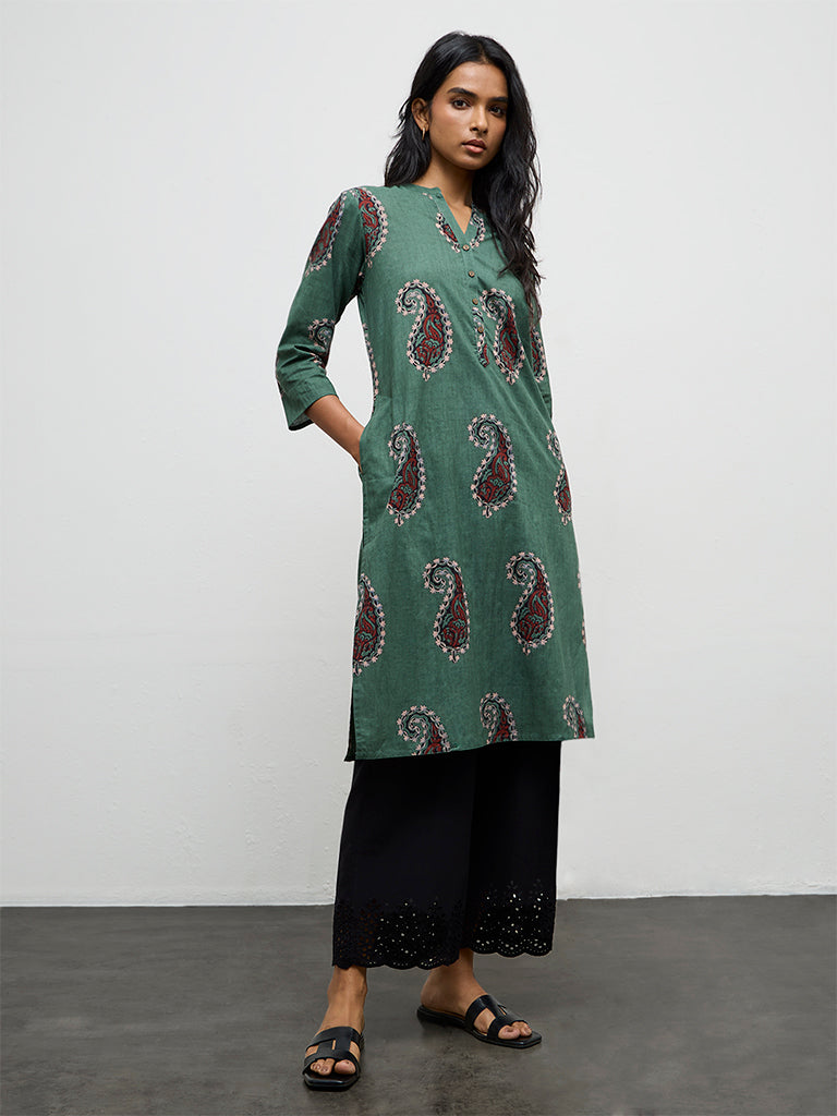Utsa Green Paisley Printed Cotton Straight Kurta