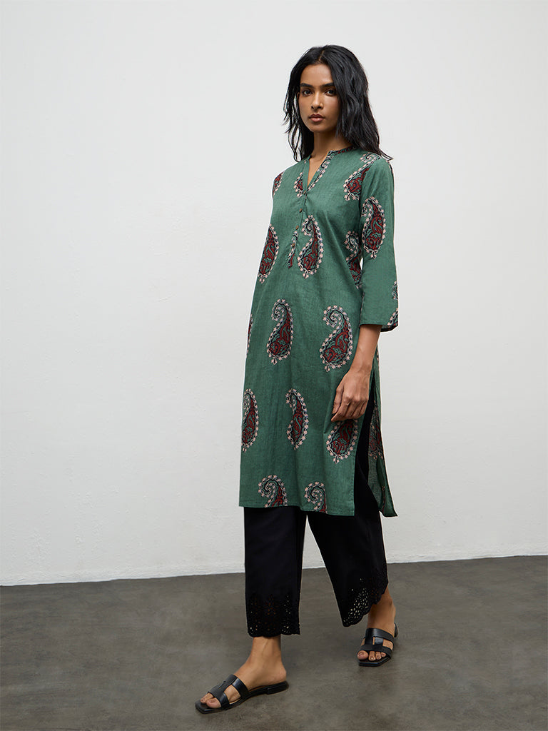 Utsa Green Paisley Printed Cotton Straight Kurta