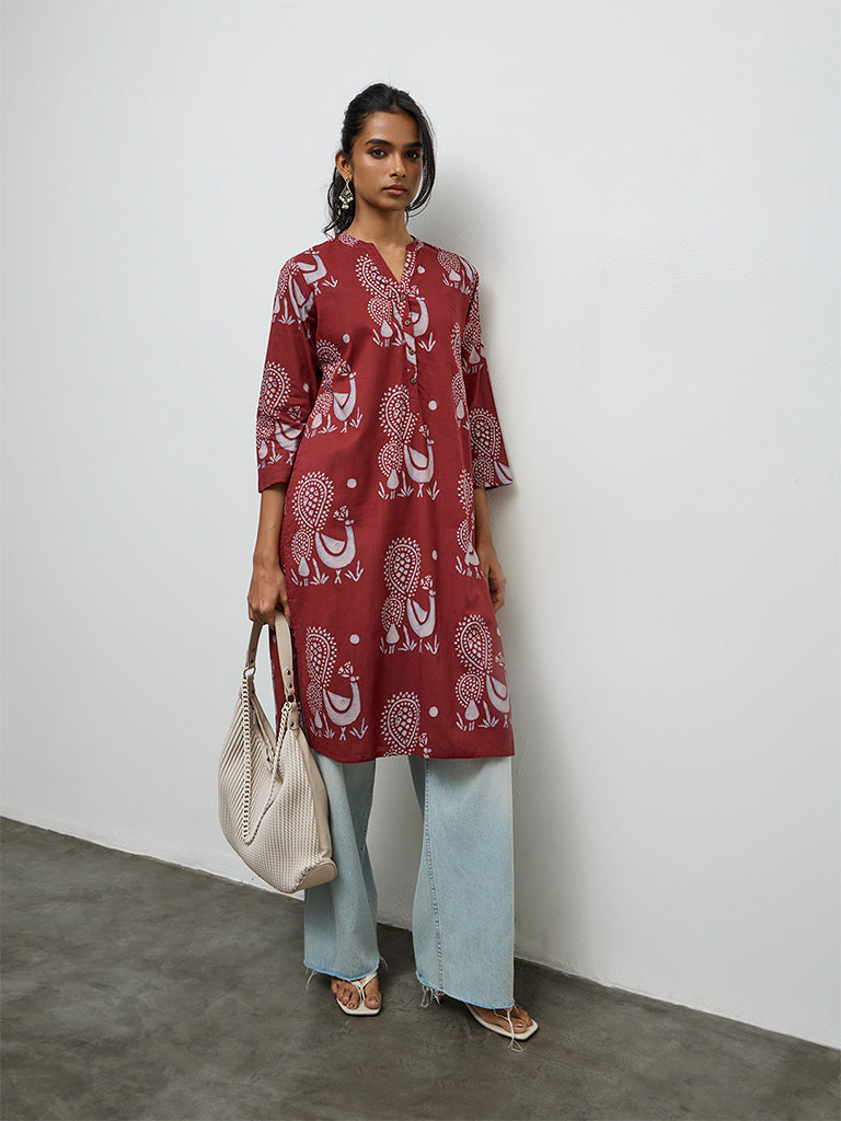 Utsa Maroon Peacock Printed Cotton Straight Kurta