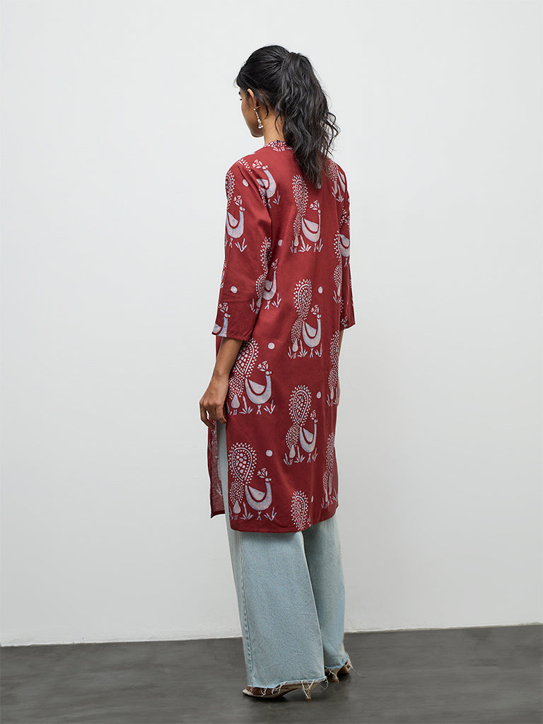 Utsa Maroon Peacock Printed Cotton Straight Kurta