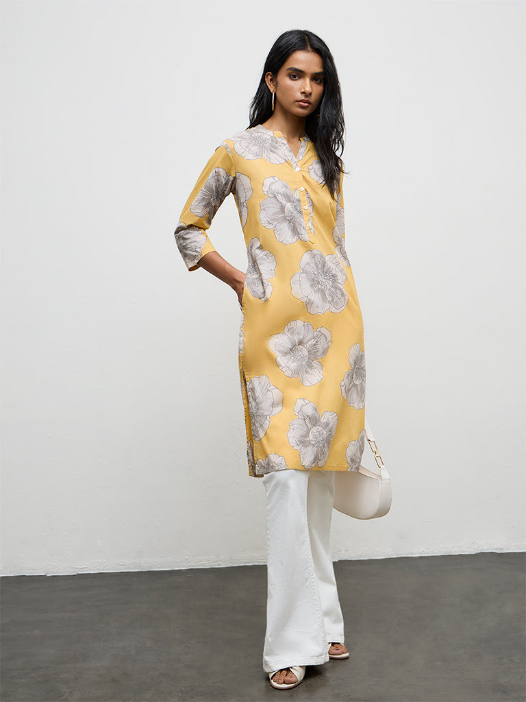 Utsa Yellow Floral Pattern Cotton Straight Kurta
