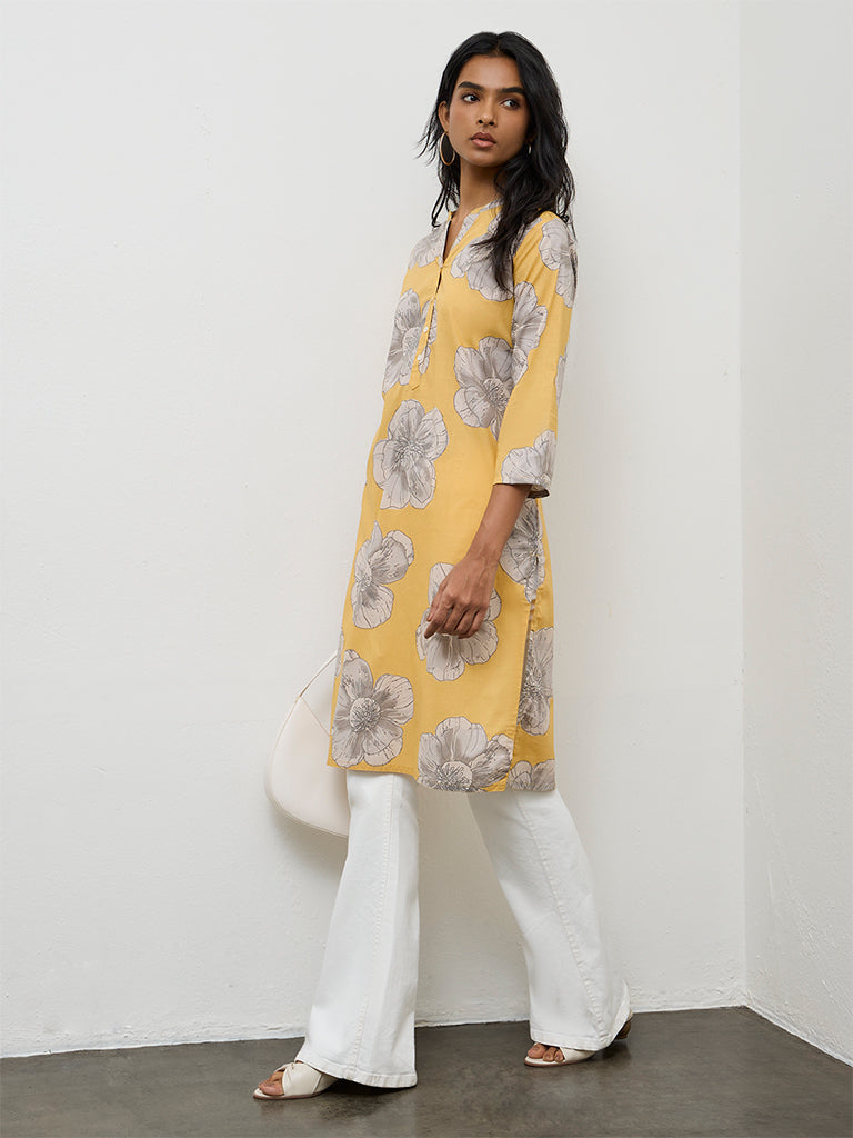 Utsa Yellow Floral Pattern Cotton Straight Kurta