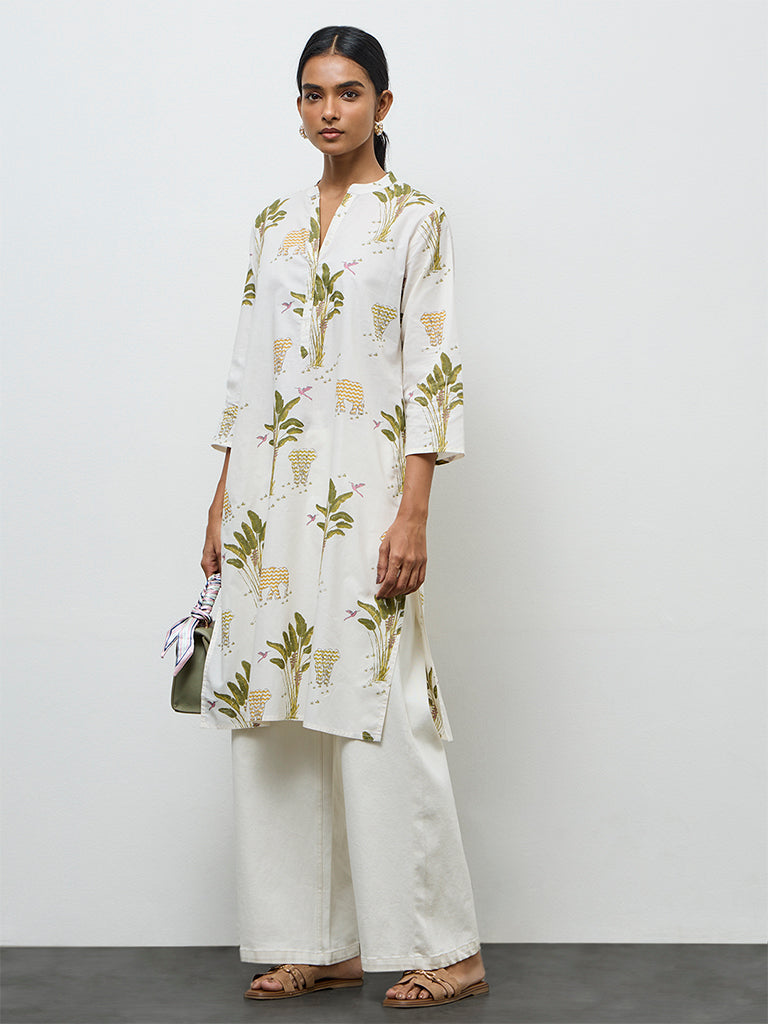 Utsa White Nature-Inspired Cotton Straight Kurta
