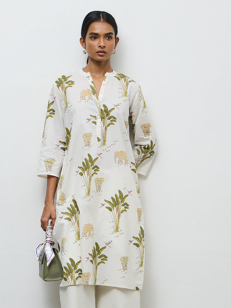 Utsa White Nature-Inspired Cotton Straight Kurta
