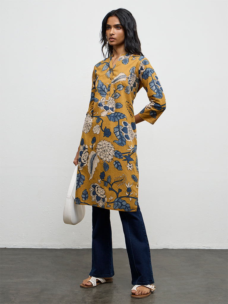 Utsa Mustard Floral Printed Cotton Straight Kurta