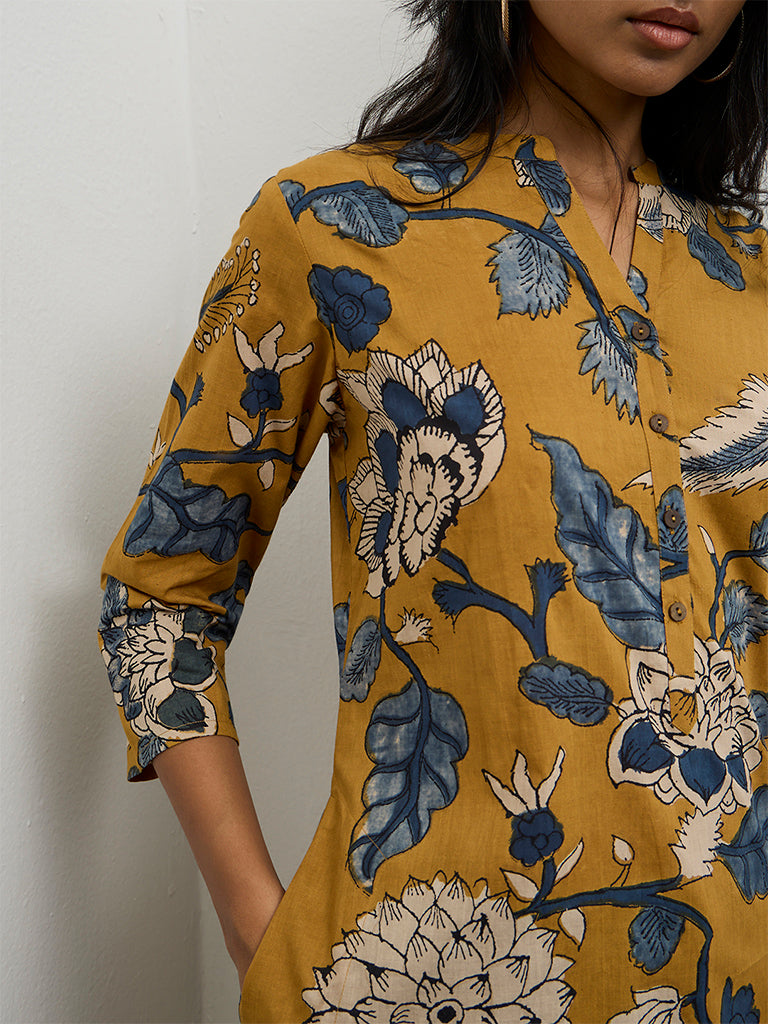 Utsa Mustard Floral Printed Cotton Straight Kurta