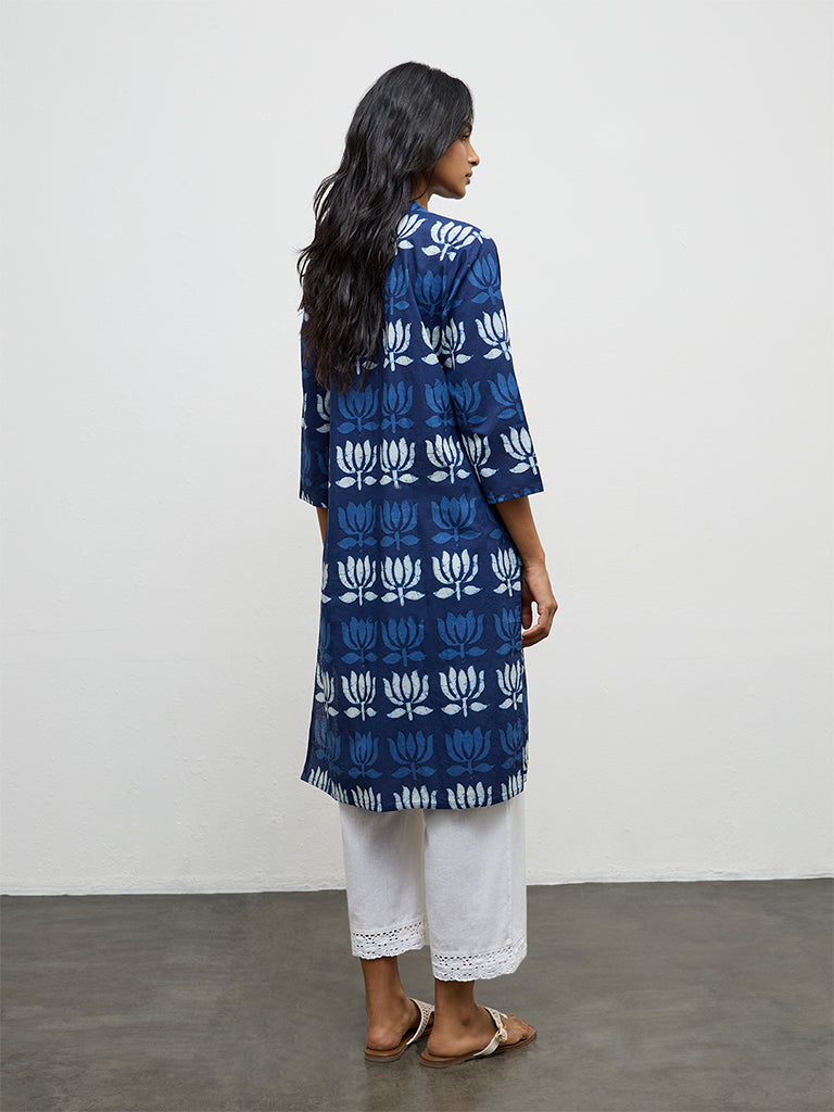 Utsa Indigo Floral Printed Cotton Straight Kurta