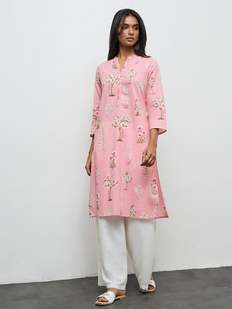 Utsa Pink Floral Pattern Cotton Straight Kurta