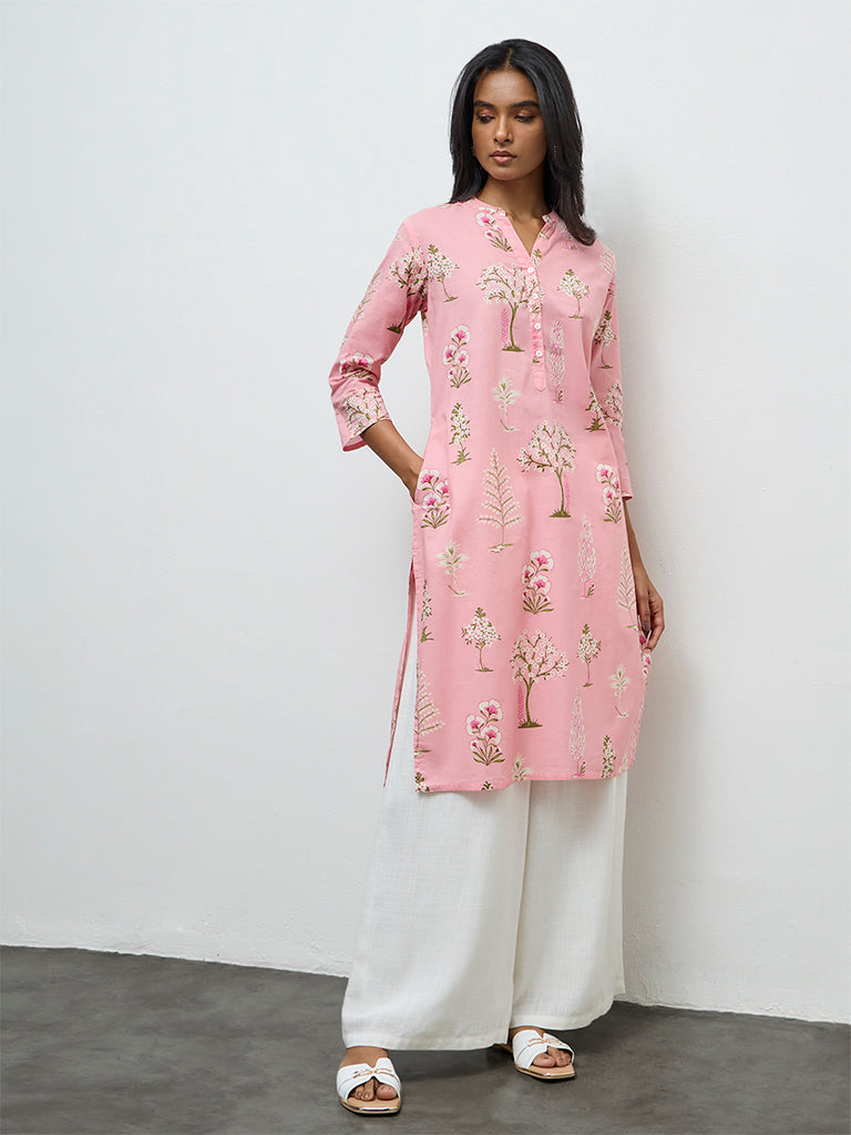 Utsa Pink Floral Pattern Cotton Straight Kurta