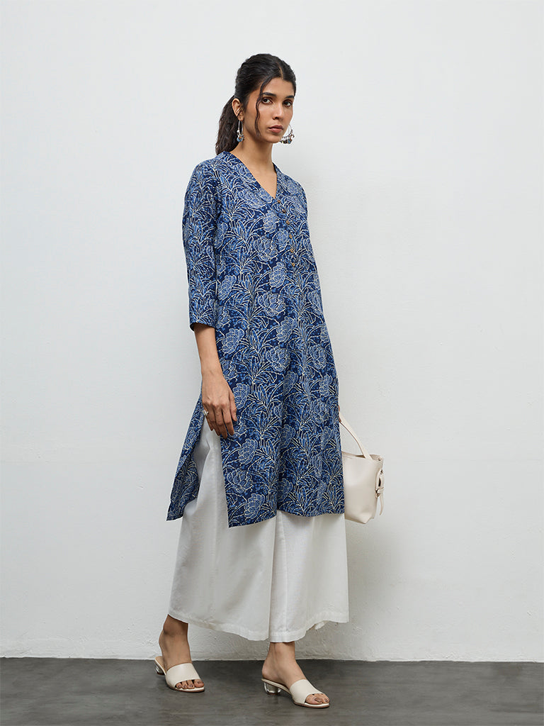Utsa Indigo Floral Pattern Cotton Straight Kurta