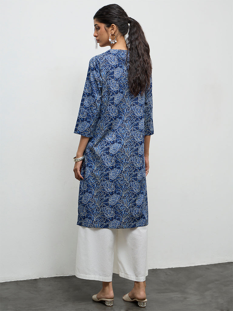 Utsa Indigo Floral Pattern Cotton Straight Kurta