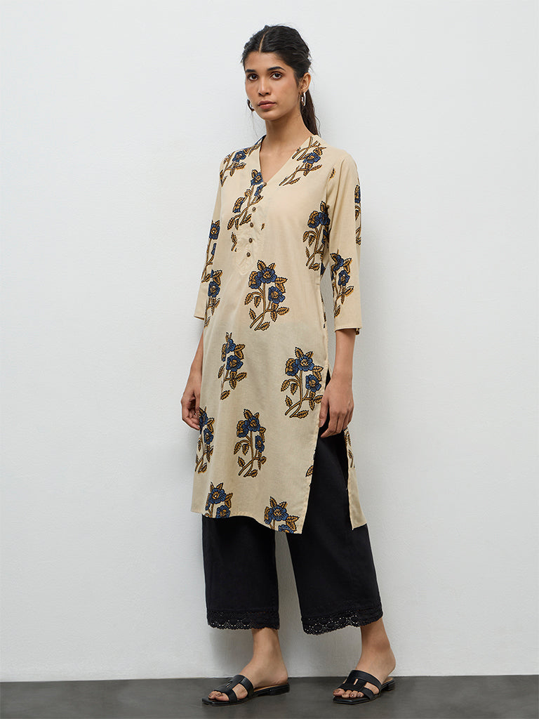 Utsa Beige Floral Design Cotton Straight Kurta