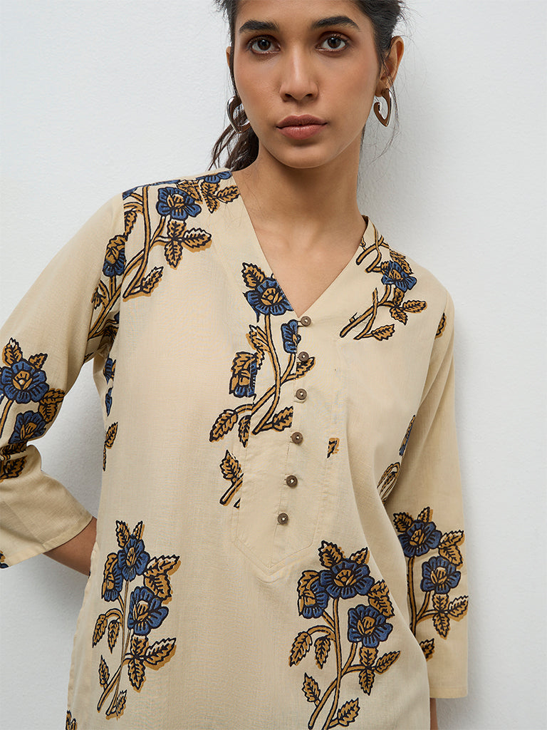 Utsa Beige Floral Design Cotton Straight Kurta