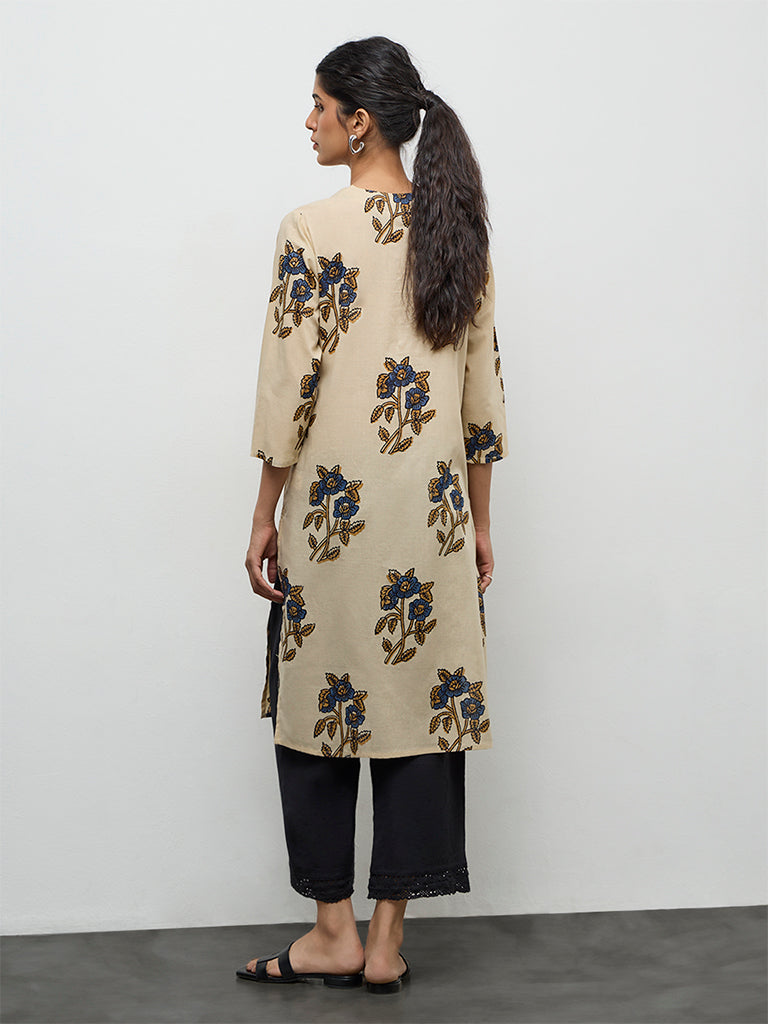 Utsa Beige Floral Design Cotton Straight Kurta