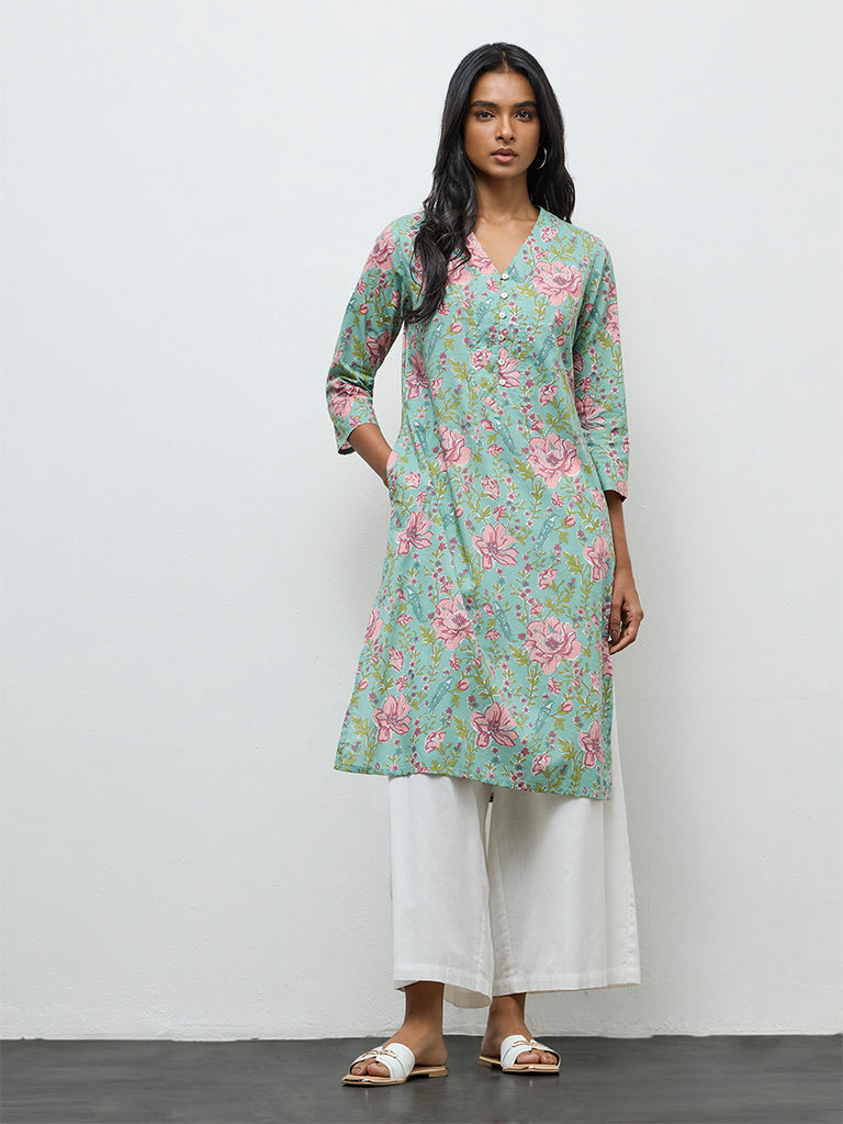 Utsa Aqua Floral Printed Cotton Straight Kurta