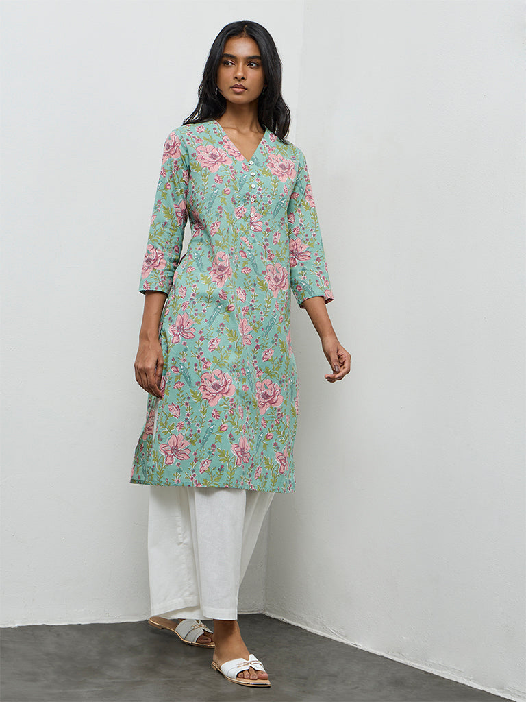 Utsa Aqua Floral Printed Cotton Straight Kurta