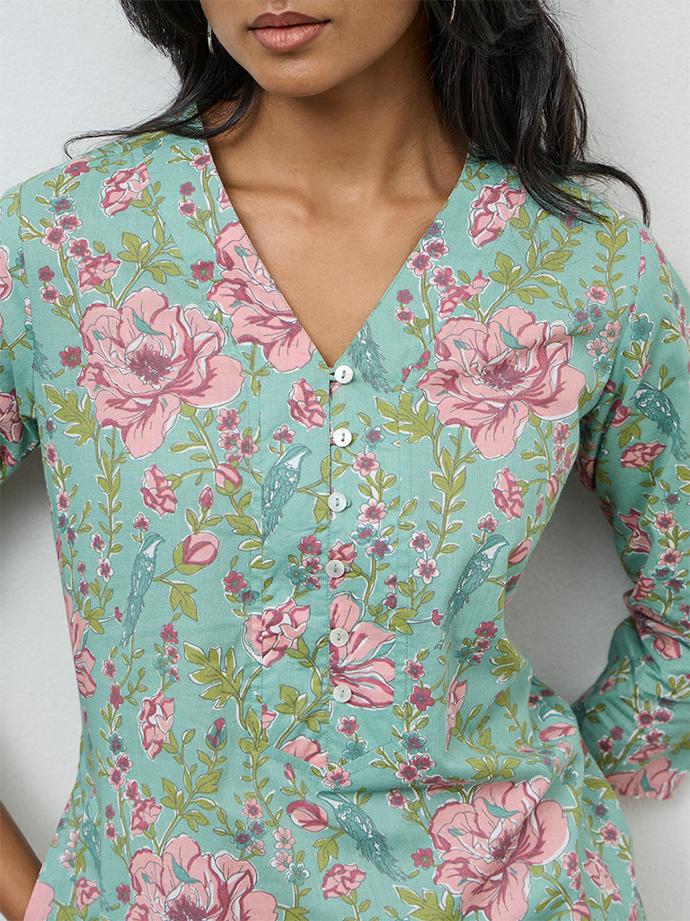 Utsa Aqua Floral Printed Cotton Straight Kurta